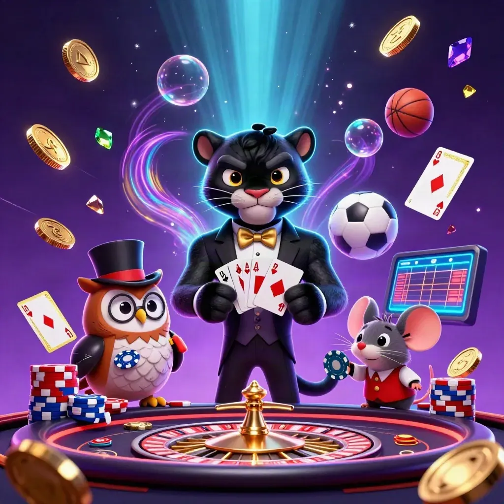Panter, uil en muis in neon casino-actie met kaarten, chips, munten en sportballen.