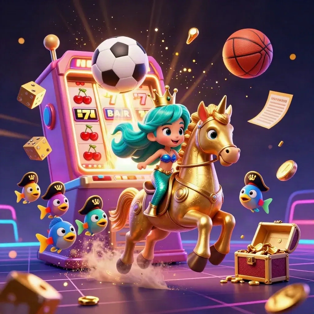 Zeemeermin op zeepaard, omringd door casino-effecten, vissen en sportballen in neon licht.