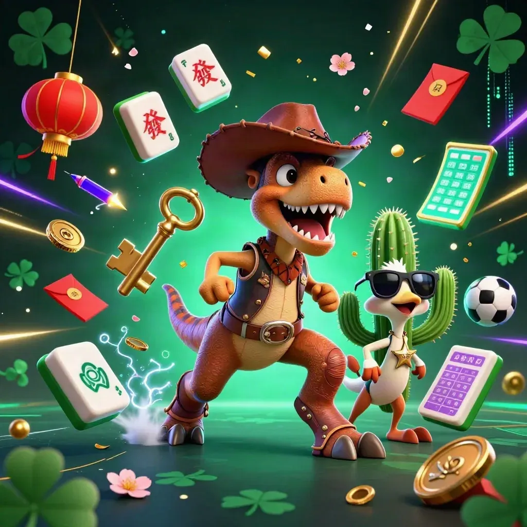T-rex cowboy, cactus en roadrunner in explosieve casinostijl met neon effecten