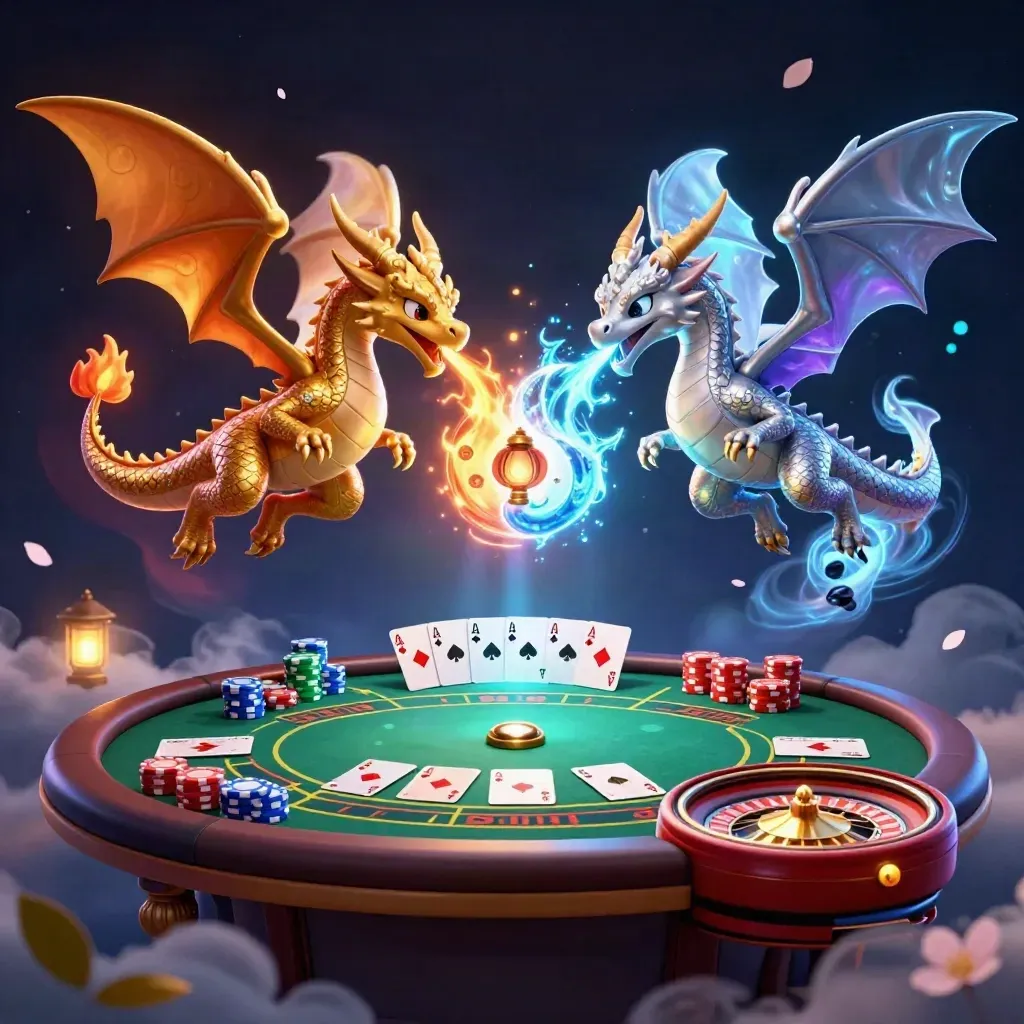 Gouden en zilveren draak in yin-yang boven casino-tafel met neon mist.