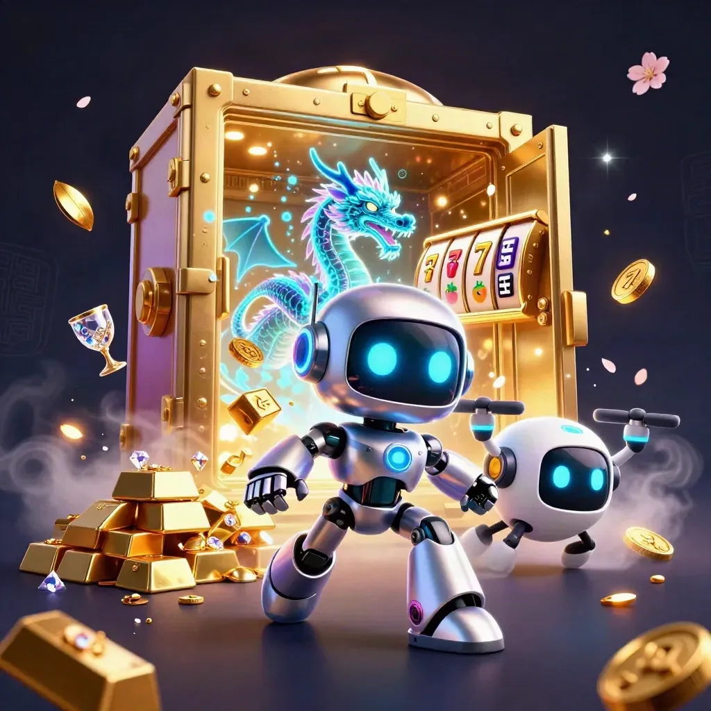 Cyberpunk robot, holografische draak en drone bij open schatkluis met cyan licht en goud.