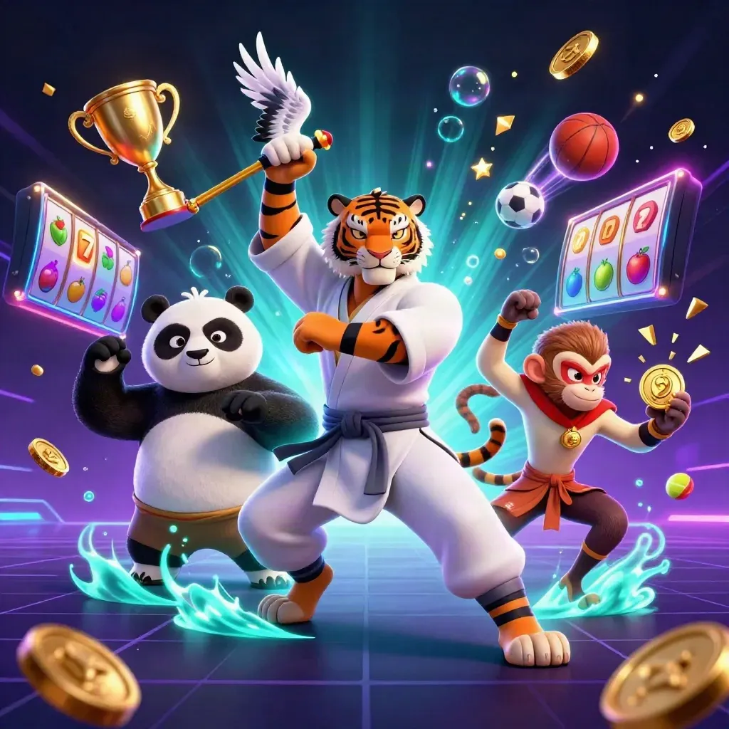 Tijger, panda en aap in neon casino-actie met trofee, ballen en goud.