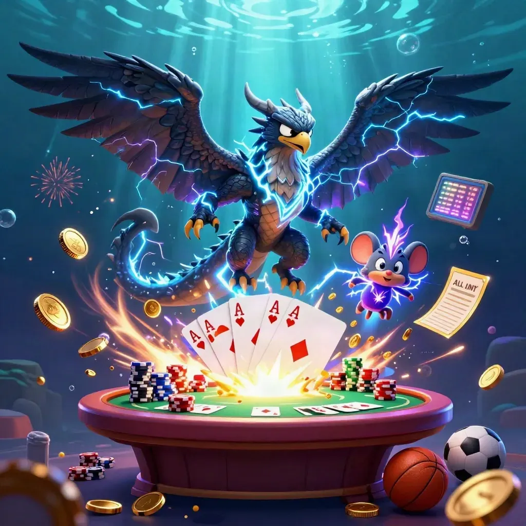 Draken, havik en muis rond pokerchips, goudregen en neonlicht in een onderwater casino-scène.