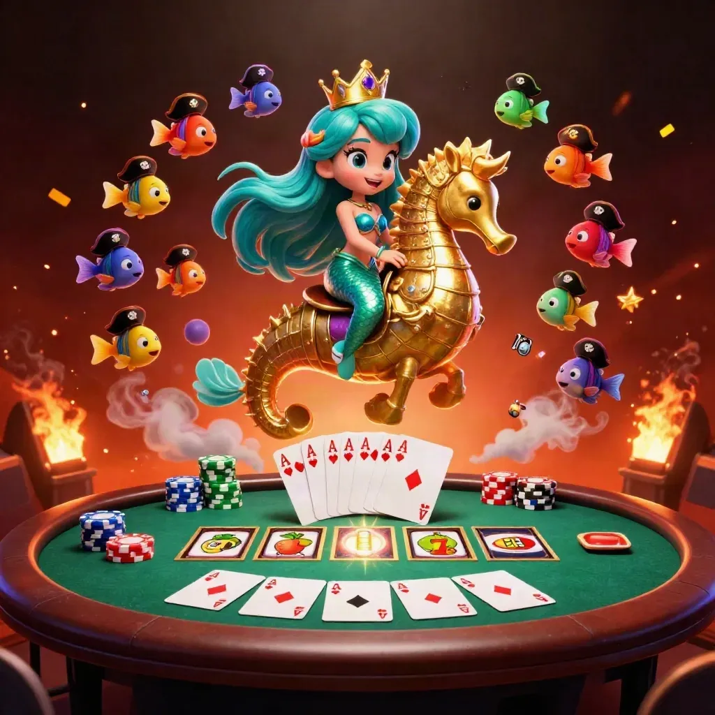 Zeemeermin op goudpantser-zeepaard met pokerchips, slotrollen en vurige neon gloed